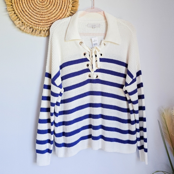 Ann Taylor Loft New Striped Lace Up Polo Sweater Navy White Nautical SZ Large - Picture 10 of 11